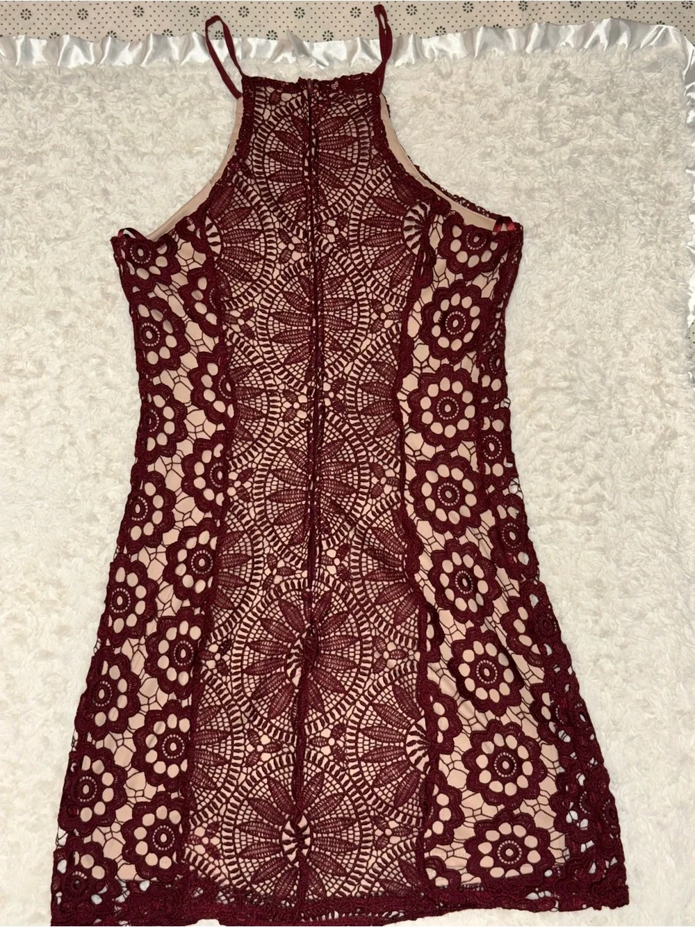 Francesca’s Burgundy Crochet Lace High Neck Cocktail Dress Small EUC